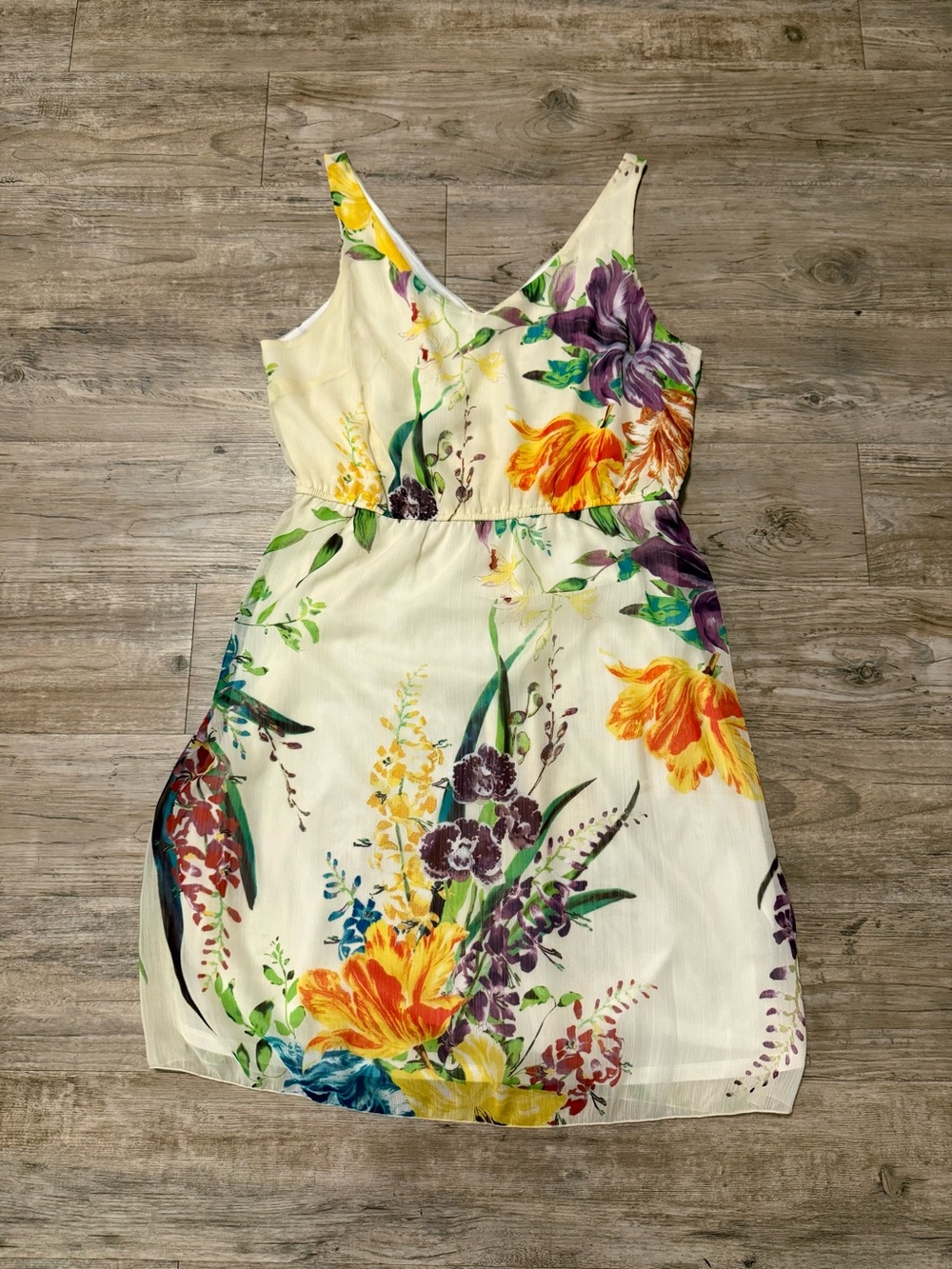 Old Navy Cream Floral Midi Dress with Yellow & Purple Blooms